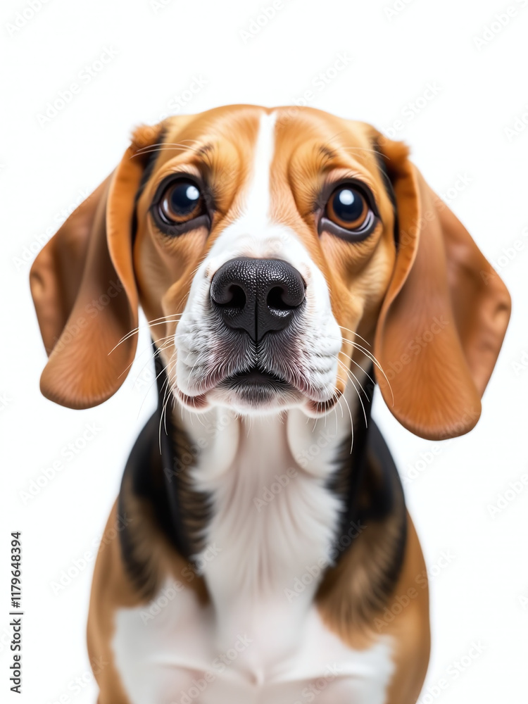 Poster a beagle with huge eyes is isolated on a white background in this funny portrait of a surprised dog.