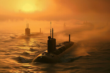 Beautiful large submarine floating in middle of deep ocean during mission, abstract vivid composition consists of fictional unreal fantastic vision on background