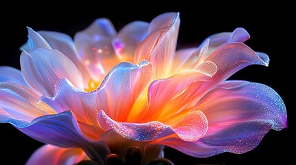 Luminous, vibrant flower with glowing petals against a black background.