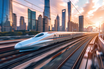 Fototapeta premium Modern big high-speed train in fast motion passes through railway stations, abstract vivid composition consists of fictional unreal fantastic vision on background