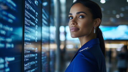 A stewardess in a vibrant blue uniform featuring minimalist silver accessories. She stands confidently by a digital information board in an expansive terminal, the vast space fille