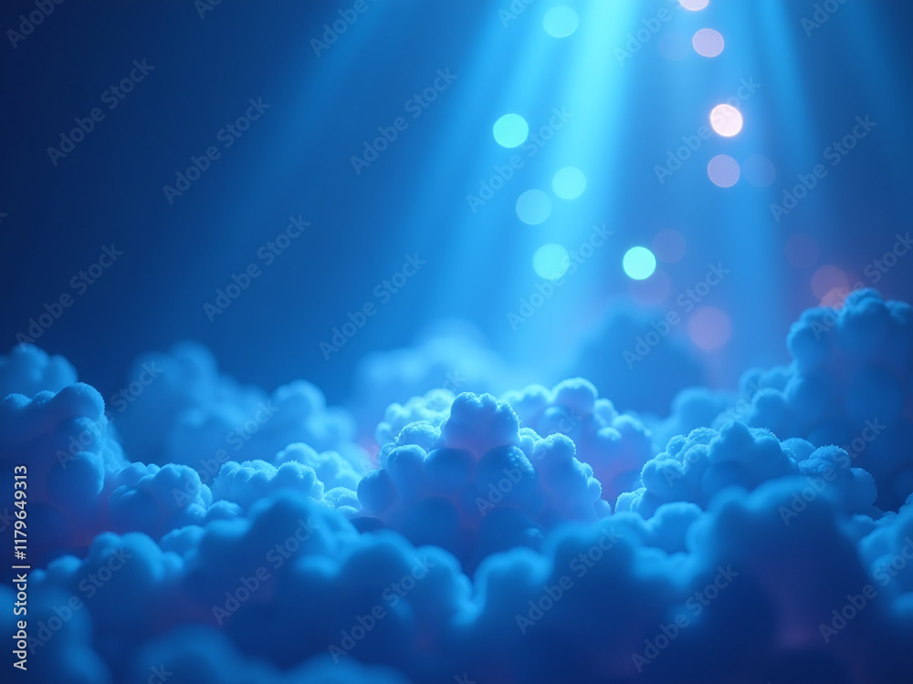 Poster a background of soft blue hues is illuminated by neon light rays that appear as magical and dreamlik