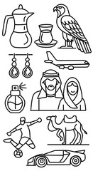Obraz premium Set of Qatar travel country vector icon. elements of the country of Qatar consisting of Qatari citizens, Arabic coffee and tea, eagles, planes, camels, supercars, perfume and Qatari football players