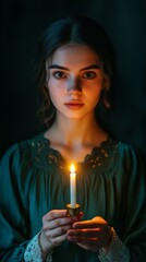 A young woman holding a candle, illuminated by its soft glow, with an intense expression in a dark, atmospheric setting.