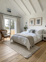 Fototapeta premium Scandinavian-style master bedroom featuring light wood floors, a low-profile bed with crisp white linens