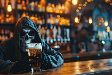 Scary grim reaper with sharp scythe in hell with dark dramatic color, abstract vivid composition consists of fictional unreal fantastic vision on background