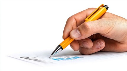 Hand Holding Yellow Pen Writing on Chart Paper with Data Analysis