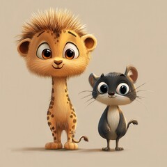 Fototapeta premium Adorable Cartoon Lion Cub and Mouse Friends Together