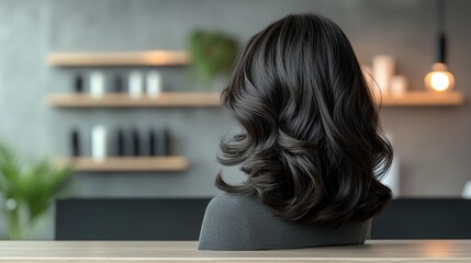3D render of a synthetic wig styled in spiral curls, midnight black, showcased on a polished wooden counter