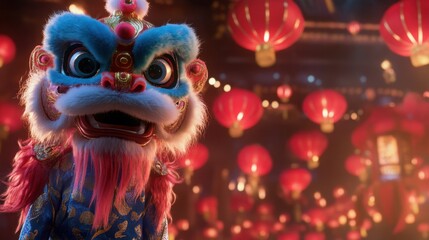 Fototapeta premium A vibrant lion dance costume with intricate designs is showcased in front of red lanterns, capturing the excitement and culture of Chinese New Year festivities.