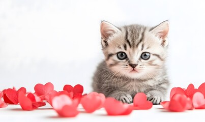 Cute grey kitten surrounded by red hearts.