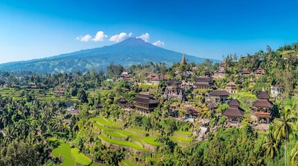Volcanic Bali temple village, rice paddies. Travel postcard.