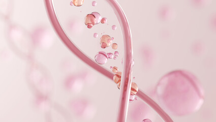 DNA strand with floating particles, collagen and stem cells concept. 3D rendering. © wangmando