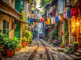 Hanoi Train Street: Close Call - Vintage Train Passing Through Narrow Alleyway