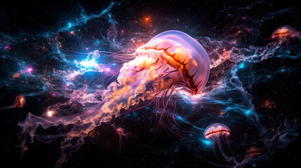 Majestic jellyfish drifting through sea of iridescent colors, creating mesmerizing cosmic scene filled with vibrant hues and ethereal beauty