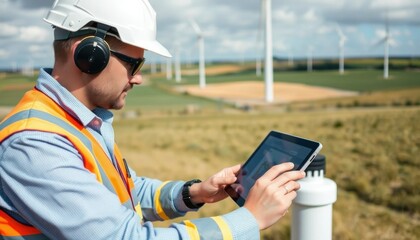 Engineer Inspecting Wind Farm with Tablet