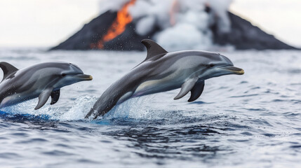 Obraz premium Playful dolphins leaping near underwater volcanic plume, showcasing their agility and joy in ocean. vibrant scene captures beauty of marine life and nature power