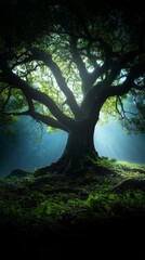 Fototapeta premium A majestic tree stands in a serene forest, illuminated by soft light, showcasing its intricate branches and lush green leaves.