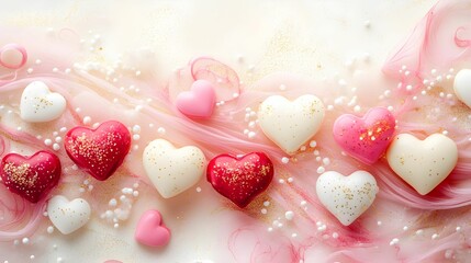 Colorful heart-shaped candies arranged with delicate decorations for a festive celebration