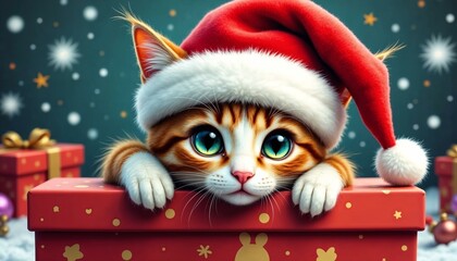Tabby cat in Santa hat curiously peeking over a red present for the holidays