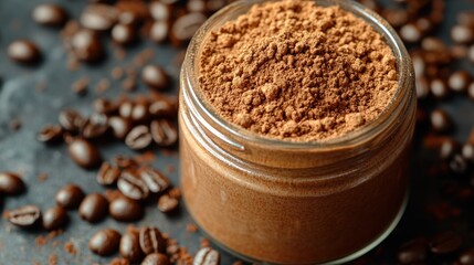 Coffee scrub in glass jar with beans.
