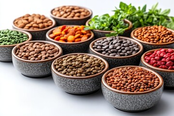 premium pet food photography with fresh ingredients arranged around elegant dog and cat bowls on minimalist white background, healthy animal nutrition