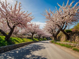 Obraz premium road in mountainous area framed by blooming trees with sakura in spring