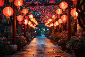 Naklejka premium Beautiful holiday composition for happy celebrate chinese festival of lanterns, abstract vivid composition consists of fictional unreal fantastic vision on background