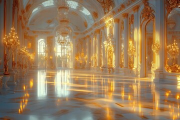 Obraz premium opulent grand ballroom with crystal chandeliers gilded mirrors and marble floors reflecting warm golden light aigenerated luxury interior