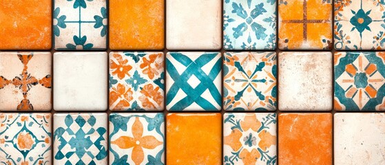 Vibrant Orange and Teal Mosaic Tile Pattern Vintage Style Ceramic Tiles Texture Background