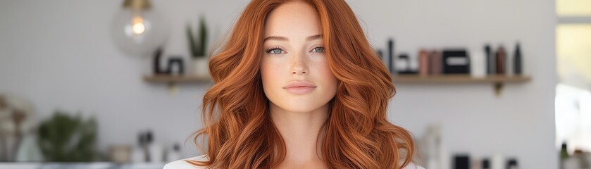 Fototapeta premium A luxurious lacefront wig in rich auburn, styled in soft layers, displayed on a chic marble counter