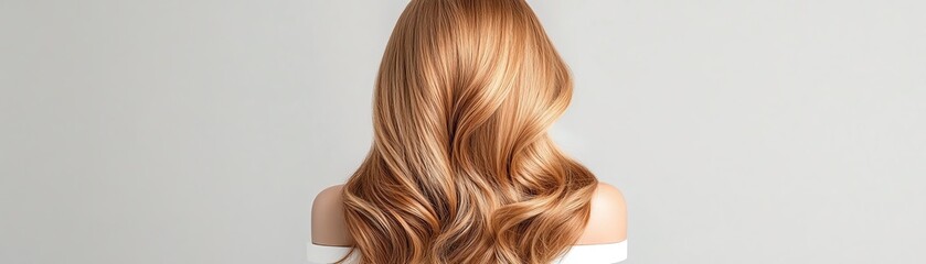 Fototapeta premium A luxurious wig styled in cascading waves, chestnut brown with subtle highlights, showcased on a minimalist stand