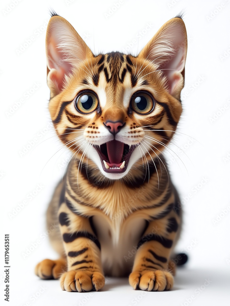 Poster a funny portrait of a surprised bengal cat with huge eyes, isolated on a white background generated 