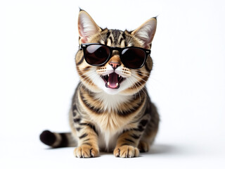 Fototapeta premium A Funny Cat Wearing Sunglasses Is Isolated On A White Background In A Copy Space Waiting To Be Noticed. 00001