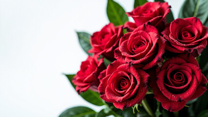 Vibrant Red Roses with Dew Drops on White Background: Perfect for Valentine's Day Ads or Wedding Invitations