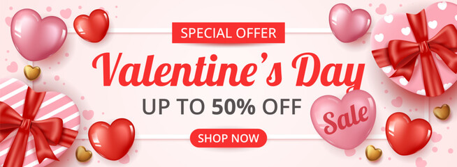 Valentine's day sale banner template with heart gift and heart elements. Vector Illustration