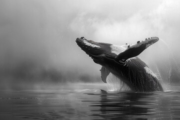 Fototapeta premium Fantastically beautiful majestic huge whale in deep blue ocean, abstract vivid composition consists of fictional unreal fantastic vision on background