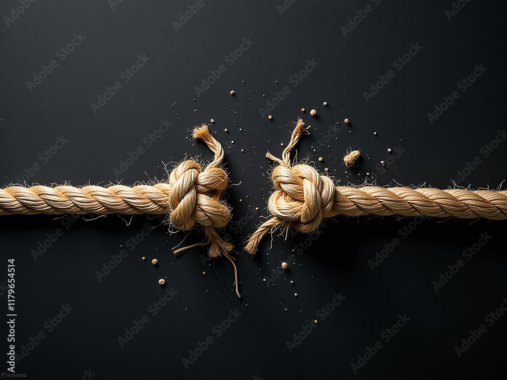 Aufkleber A Frayed Rope Is Pulled Apart On A Textured Black Background With Copy Space As It Reaches Its Breaking Point. 00002