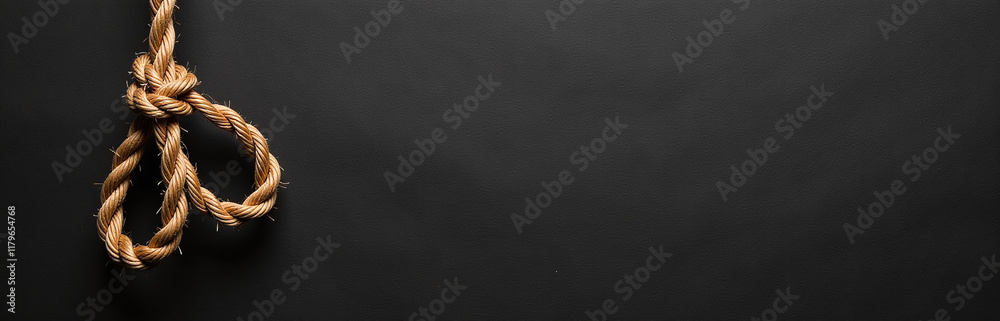 Poster a frayed rope hangs precariously against a textured black paper background with ample copy space ava