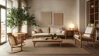 Modern Minimalist Living Room Interior Design with Light Wood Furniture