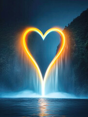 Glowing heart-shaped light rising from a waterfall at twilight, surrounded by serene waters, illustration style, perfect for nature posters, romantic ads, and scenic campaigns..