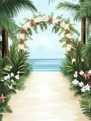 Fototapeta premium Tropical beach path framed by a floral archway with green palm leaves and white flowers, leading to a calm ocean, illustration style, ideal for travel posters, summer designs, nature-themed campaigns