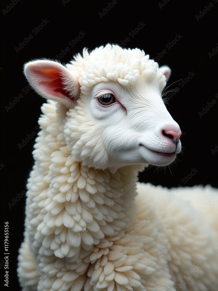 Poster A Fluffy White Lamb Is Isolated On A Black Background In This Artificially Generated Profile Portrait Created By An Ai Algorithm. 00002