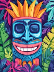 Colorful tiki mask with vibrant tropical leaves and flowers in the background, cartoon-style illustration, ideal for posters, party ads, and summer-themed designs..