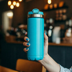 Woman holding reuse modern blue coffee bottle in coffee cafe