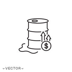 increase cost barrel oil icon, rise in gasoline or diesel prices, fuel crisis, thin line symbol concept isolated on white background, editable stroke eps 10 vector illustration