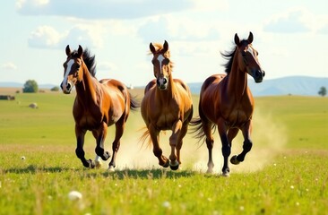 Three brown horses are galloping energetically in a grassy field