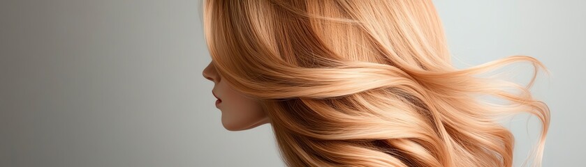 Naklejka premium An ombre wig transitioning from chestnut brown to fiery red, styled in cascading waves, displayed on a marble pedestal