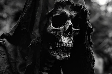 Scary grim reaper with sharp scythe in hell with dark dramatic color, abstract vivid composition consists of fictional unreal fantastic vision on background