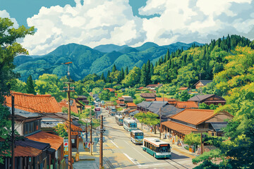 Fototapeta premium 里山・田舎の集落のイラスト